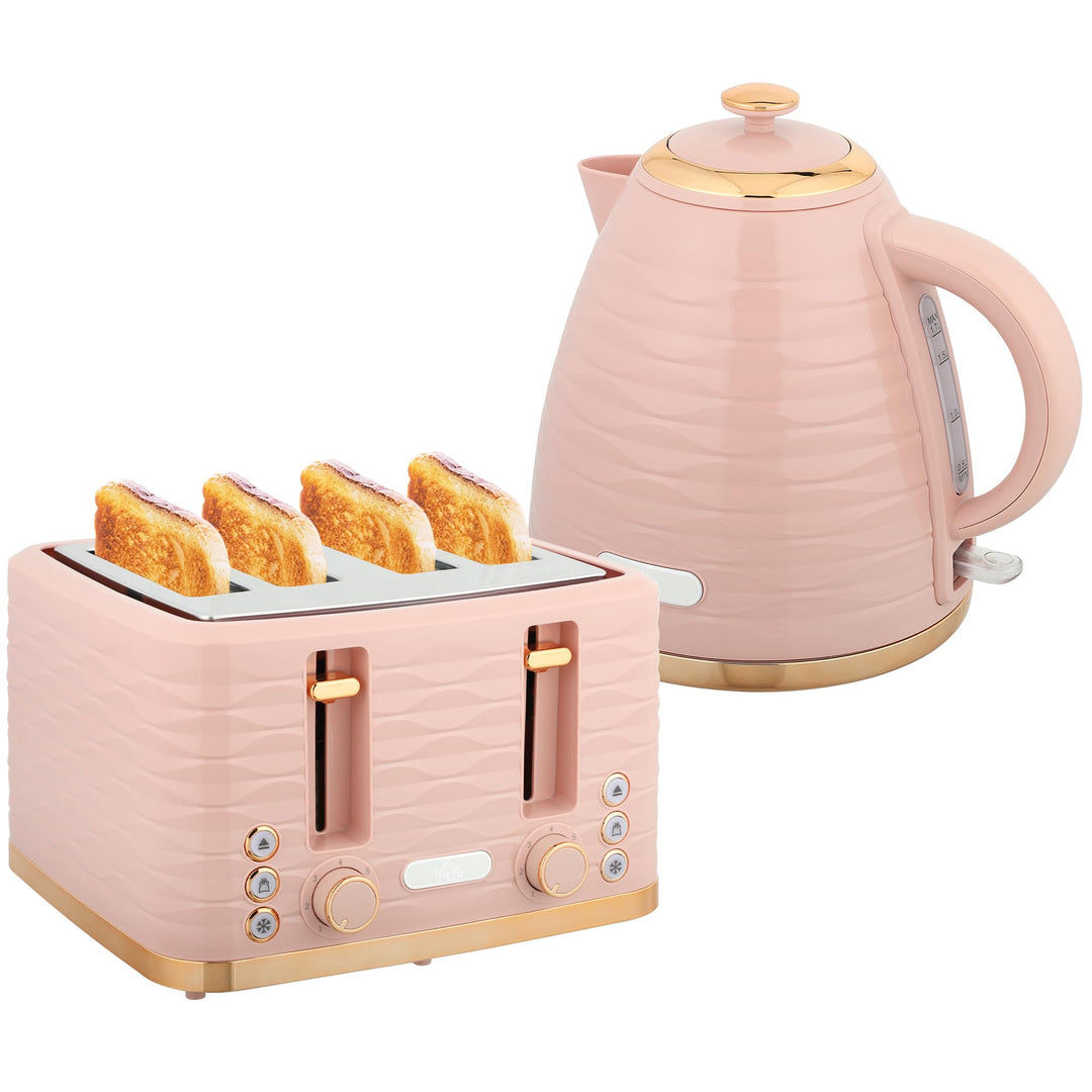 HOMCOM Wasserkocher Toaster Set Frühstück-Set mit 1,7L Wasserkocher, 4 Scheiben Toaster, 2200 W, 7 B