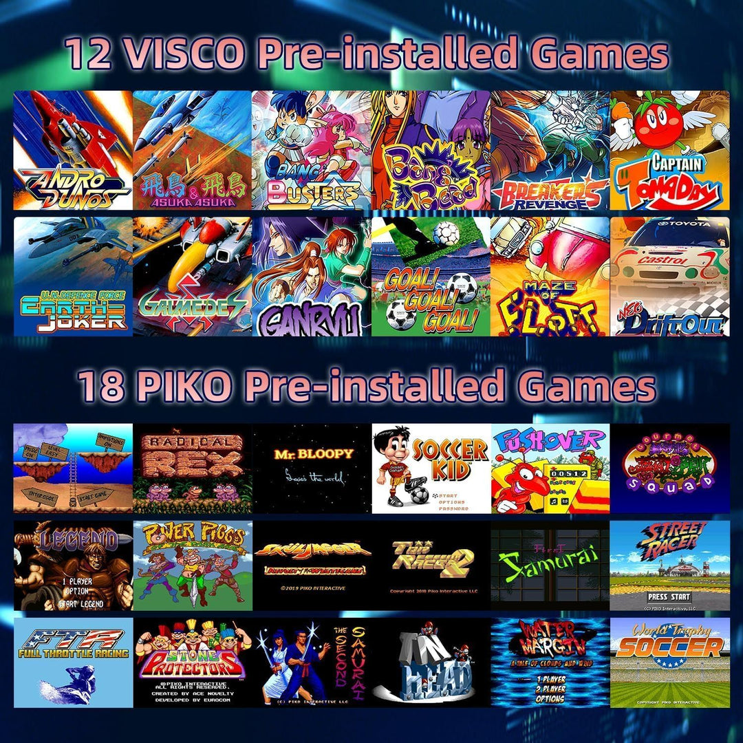 GO15 Retro-Videospielkonsole, Integrierte 12 VISCO- und 18 PIKO-Retro-Spiele mit echter Lizenz, Unte