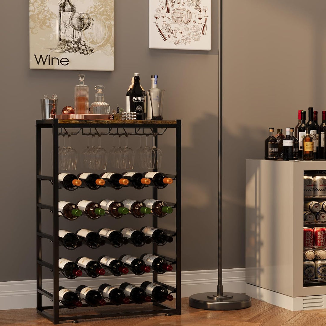 Urban Deco Weinregal Stehend mit Glashalter, Flaschenregal für 25 Flaschen & 12 Weingläser, Weinrega