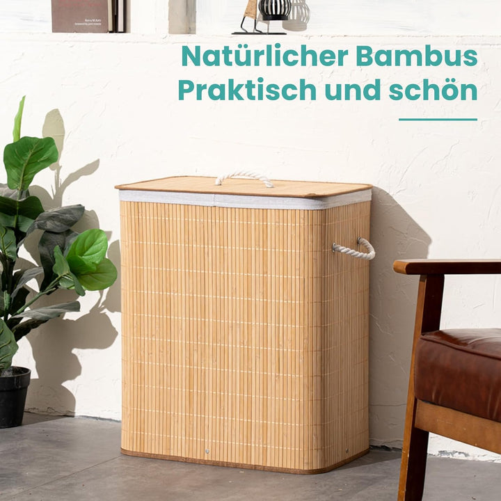 TONYBASKET 105L Bambus Wäschekorb 2 Fächern Wäschesammler mit Deckel | 53x33x60cm Faltbarer Praktisc