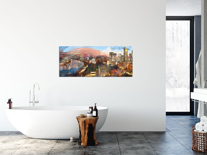 Glasbild Panorama | Wandbild aus Echtglas | Frankfurt am Main Skyline | 120x50 cm | inkl. Aufhängung