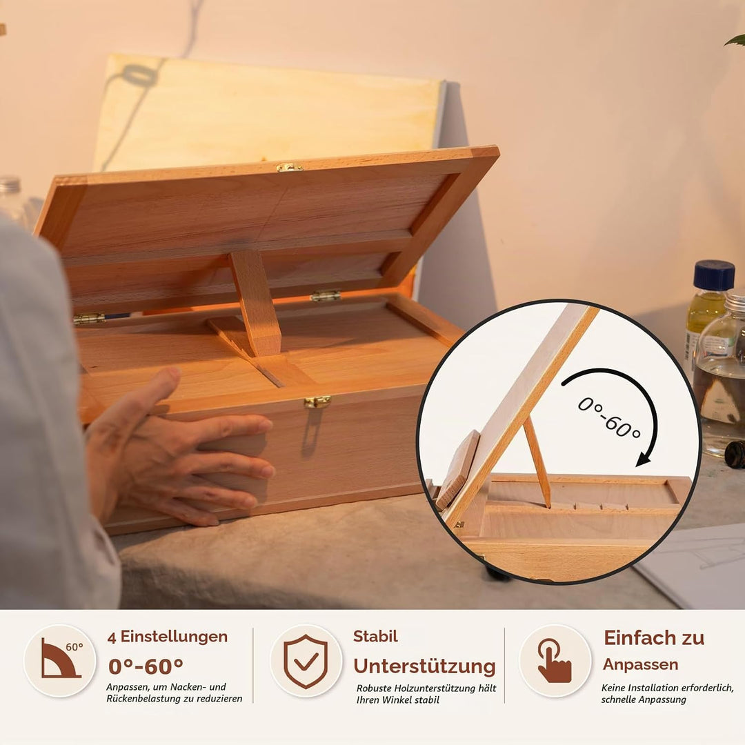 DJAR Tischstaffelei Holz mit 3 Schublade, Tisch-Skizzenbox aus Buchenholz, tragbare Künstler-Staffel