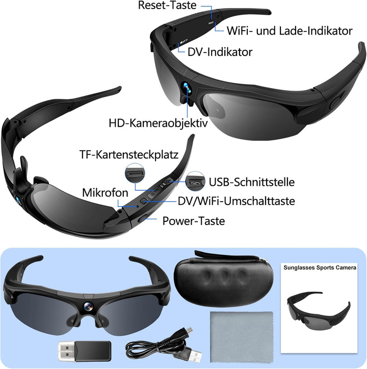 Action-Cam, WiFi 4K & 120° Weitwinkel Brille mit Kamera, Polarisierte Objektive & 100-Min Batterie &