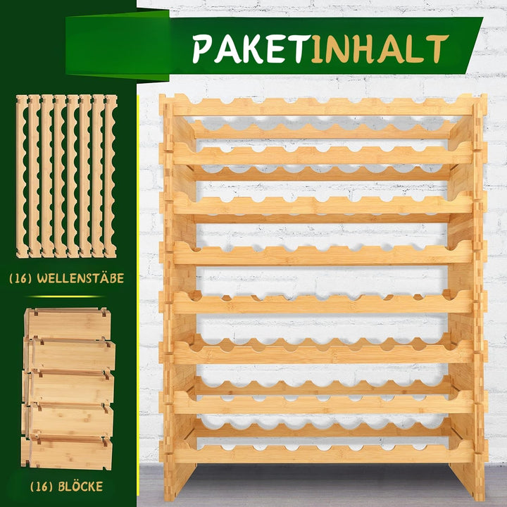 NutriChef Weinregal aus Bambus Holz – 72 Flaschen, 4 Etagen – Stapelbares Flaschenregal für Keller o