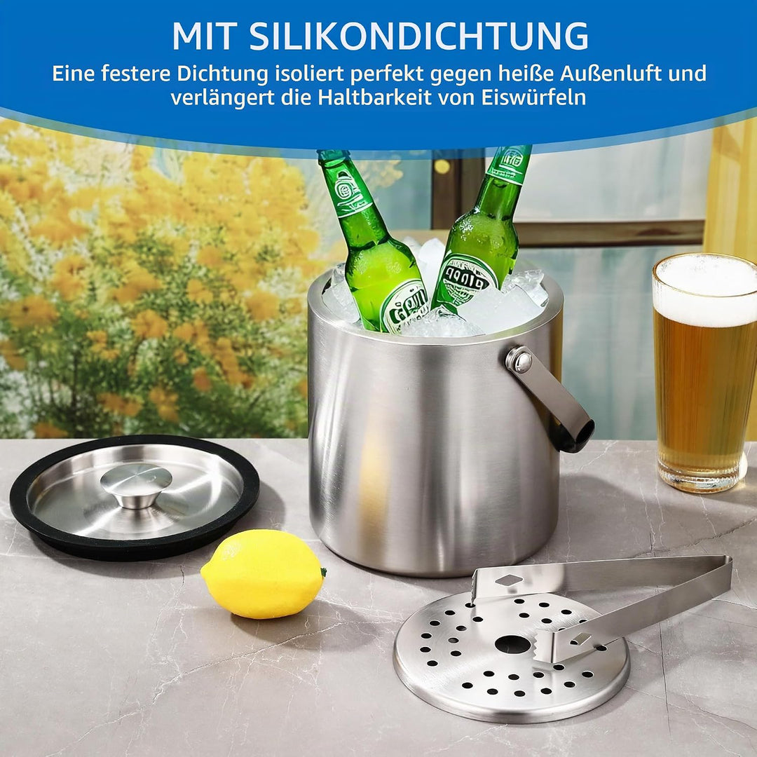 2L Eiswürfelbehälter, Eiskübel mit deckel,Eiswürfelbehälter Edelstahl mit Clips und Sieb, perfekt zu