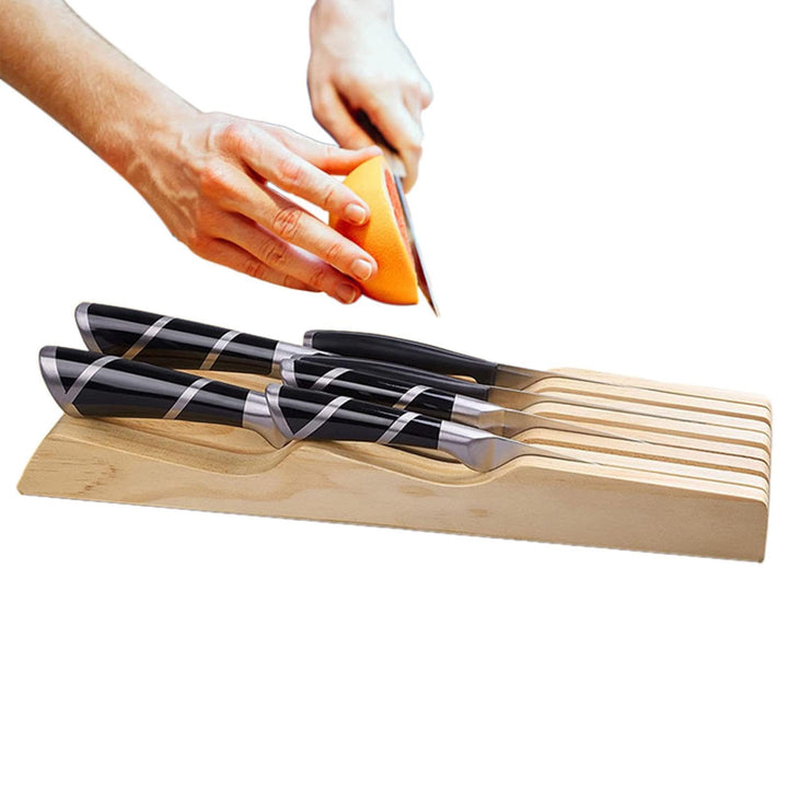 Messerblock-Organizer für Küchenschublade - Messerhalter aus Holz, Tablett in Braun für 7 Messer | M