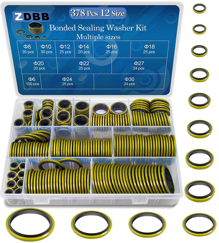 ZDBB 12 Grössen 378 Stück geklebte Dichtungsscheibe Kit, Automotive selbstzentriert AC Dichtung Meta