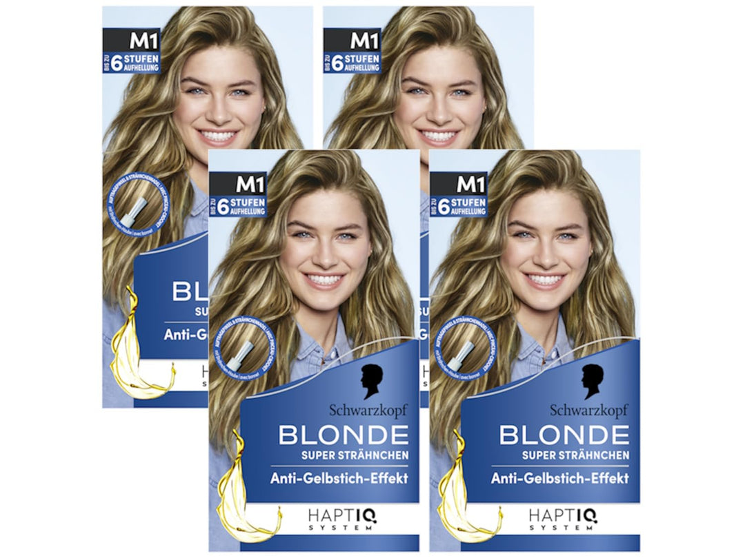 Schwarzkopf Blonde M1 Super Strähnchen (4x 103 ml), Strähnchen Set für Öl-aktiviertes Haare Aufhelle
