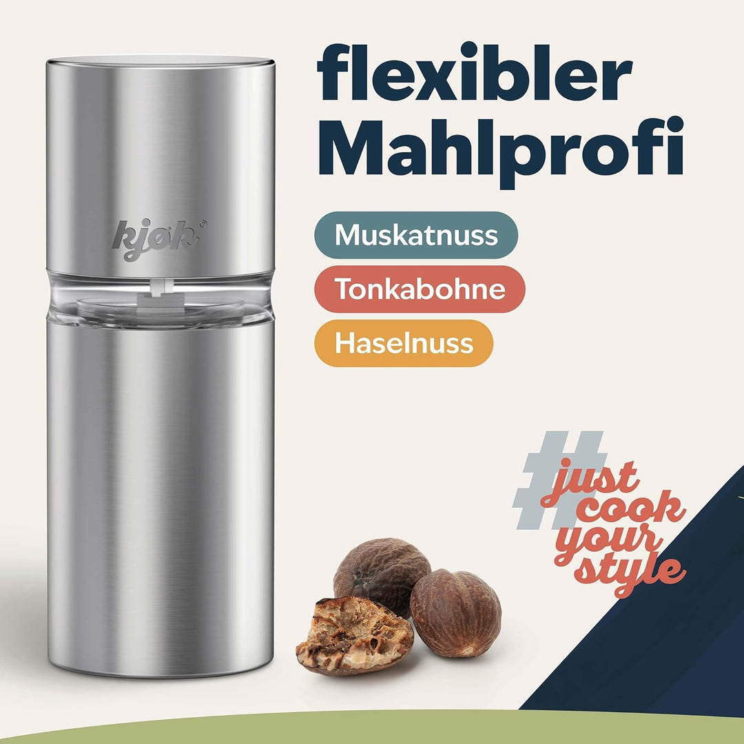 kjøk Premium Muskatnuss Mühle Edelstahl gebürstet Muskatmühle mit Vorratsbehälter Muskat Mühle auch