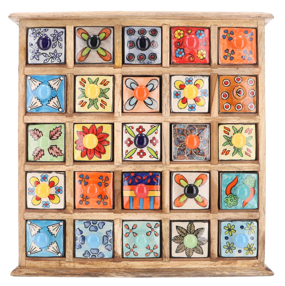 GURU SHOP Apothekerschränkchen mit Bunten Keramik Schubfächern - 5x5 Fächer, Braun, 40x38x10 cm, Dos