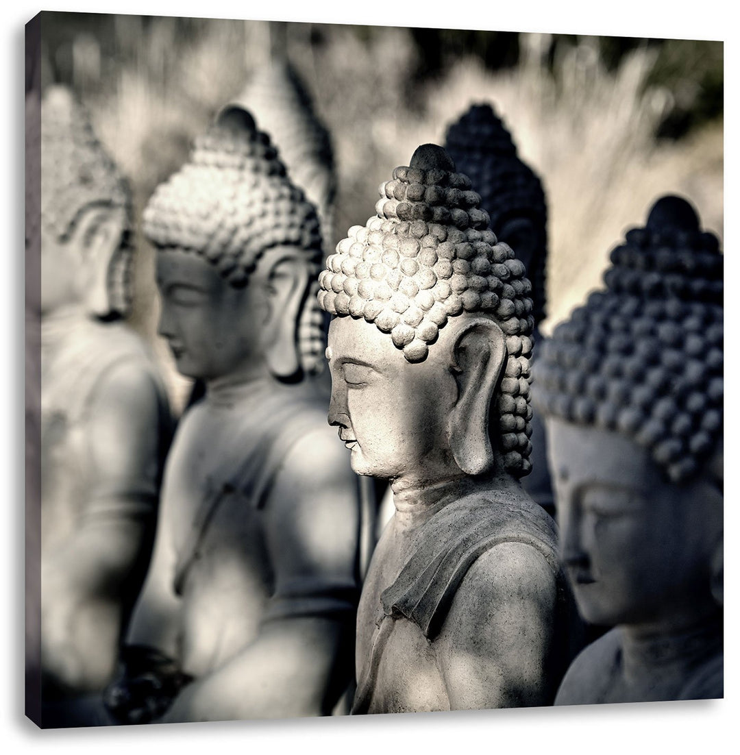 Pixxprint Meditierende Buddha-Statuen in Einer Reihe, Format: 70x70 auf Leinwand, 70x70