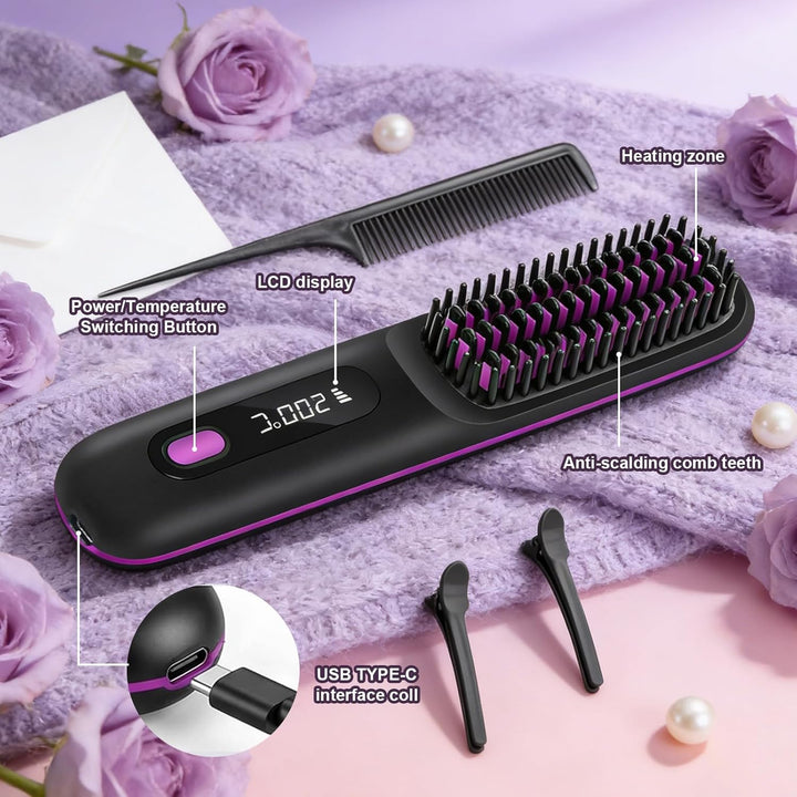 Go Brush Pro, 4 in 1 Glättbürste Kabellos, Tragbare Haarbürste Elektrisch, Verbrühungsschutz Glättei