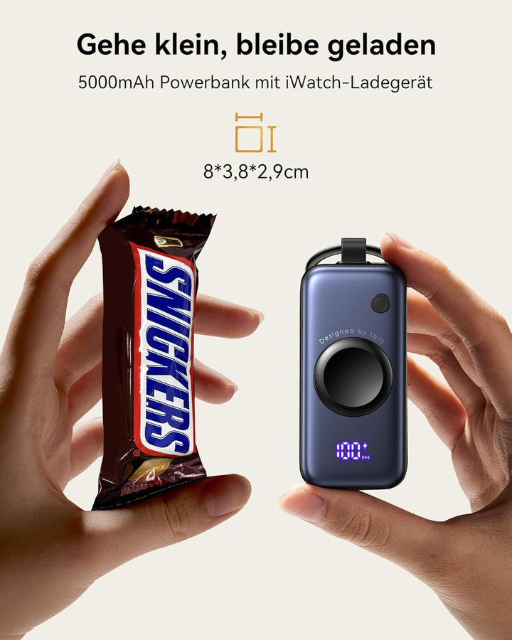 INIU Power Bank für Apple Watch, 5000mAh Powerbank mit eingebautem Kabel, Schlankes Reise Schlüssela
