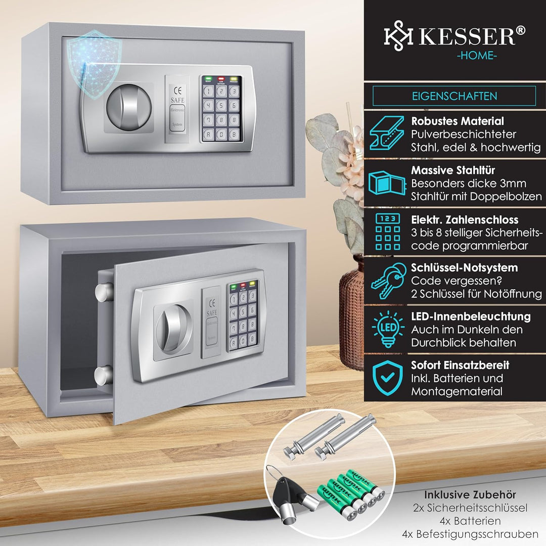 KESSER® Elektr. Tresor | 31x20x20cm | LED-Anzeige | Elektronischer Safe | Doppelbolzenverriegelung |