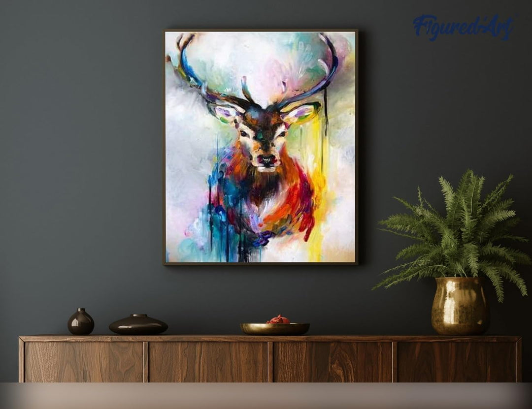 Figured'Art Malen Nach Zahlen Erwachsene Mit Rahmen Portrait bunter Hirsch - Paint by Numbers Bastel