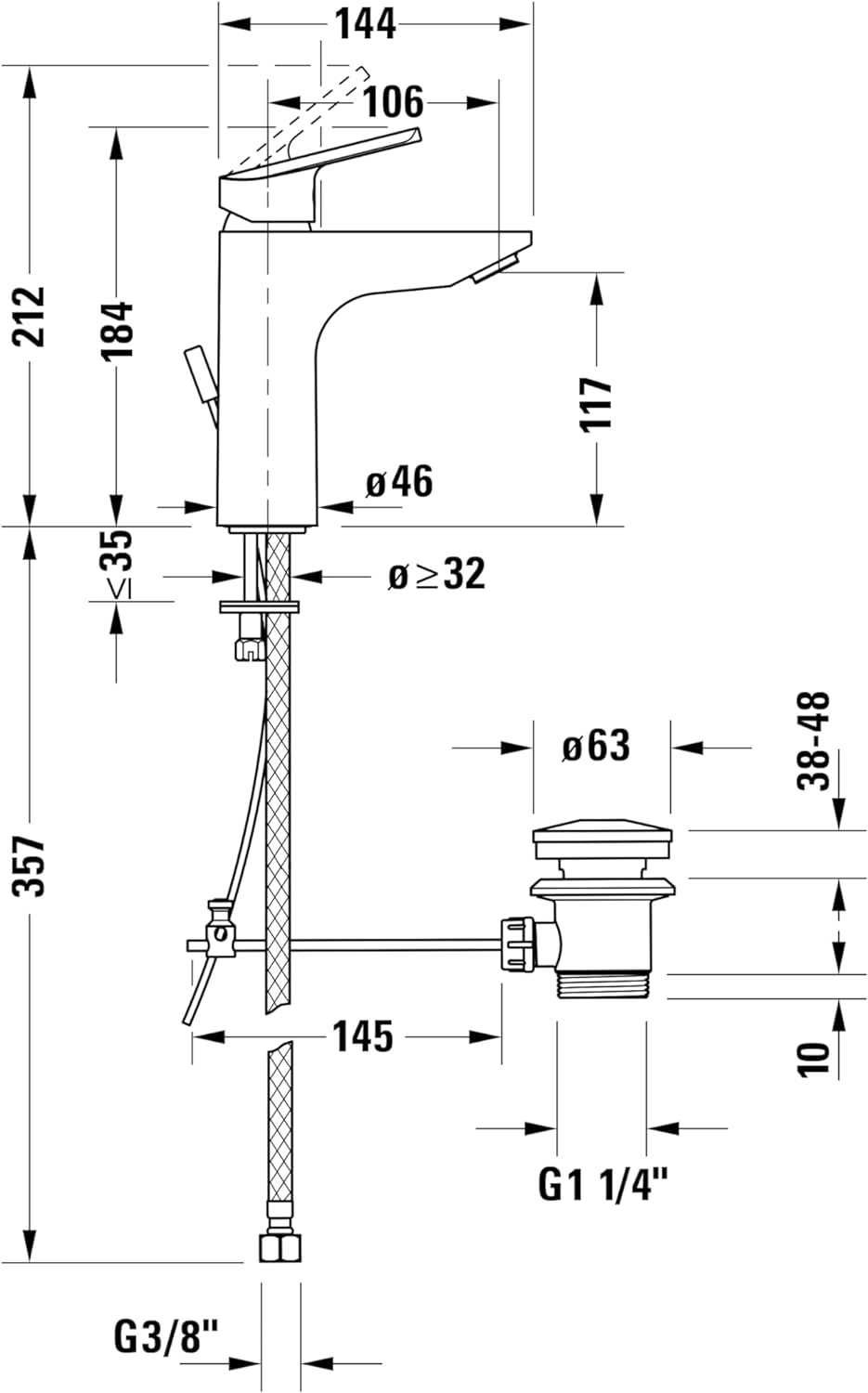 Duravit No.1 Waschtischarmatur, Grösse M (Auslauf Höhe 117 mm), Wasserhahn Bad mit Zugstangen-Ablauf