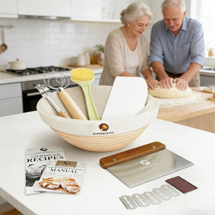 Sauerteig Starter Set, 13 Stück Gärkorb Brot Set 23cm Gärkörbchen Rattan Komplettset Brot Backen Zub