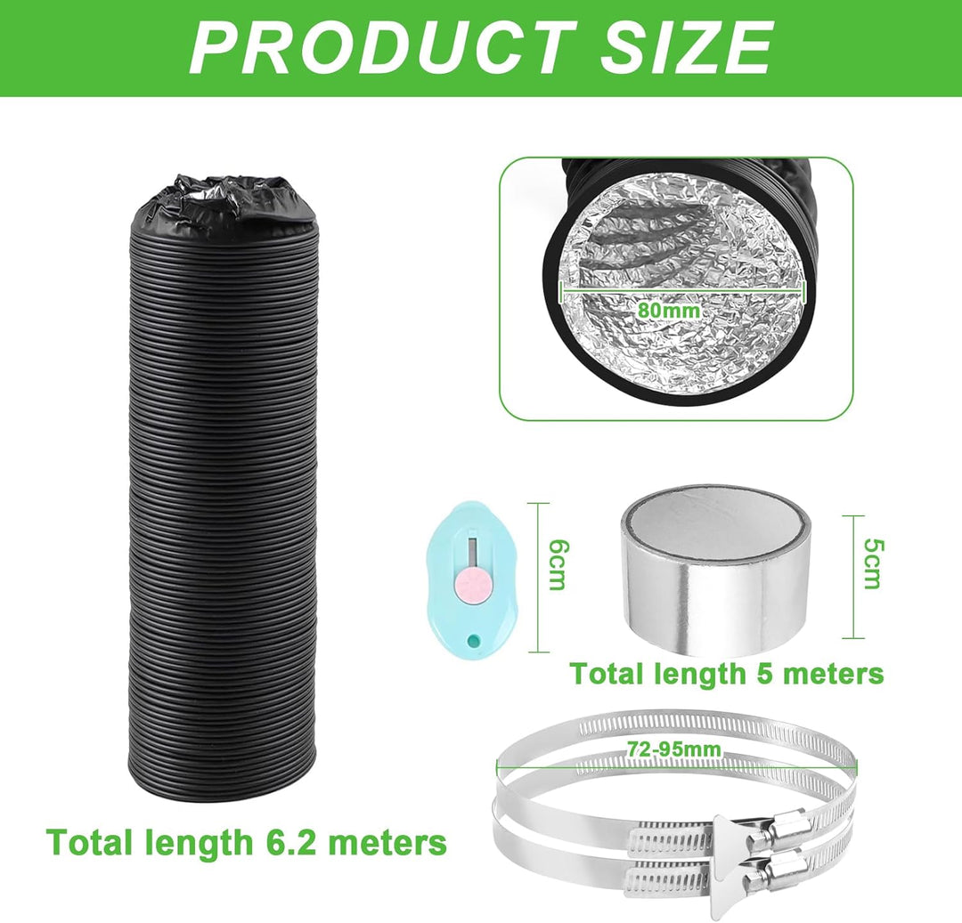 Abluftschlauch 80mm Länge 6 M PVC Flexibel Alurohr Schlauch Aluminium Aluflexschlauch mit 2 Schlauch