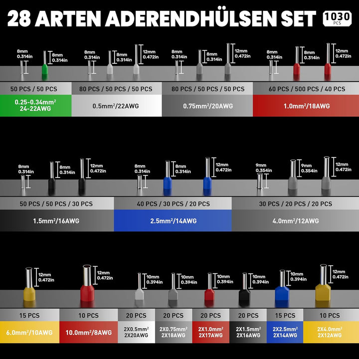 PEBA Vierkant Crimpzange Set 0,08–10 mm² – selbstjustierende Ratschen-Crimpzange mit 28 Grössen Ader