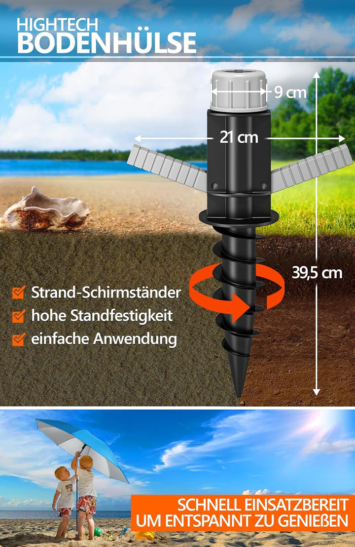 4smile Sonnenschirm Strand SunnyJoy, 3-in-1 SET, Blau - UPF 50+ Strandschirm Ø 180 cm + Sonnenschirm
