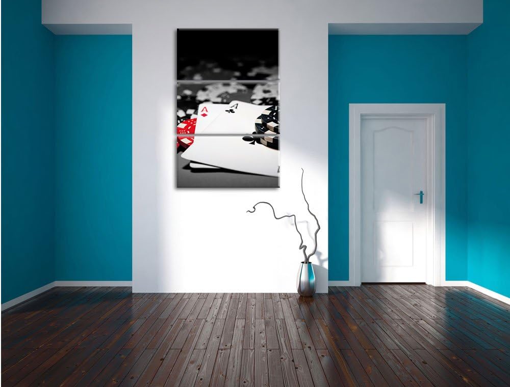 Pixxprint Spielkarten auf Pokertisch als Leinwandbild 3 teilig/Grösse: 3 Teilig (120x80) / Wandbild/