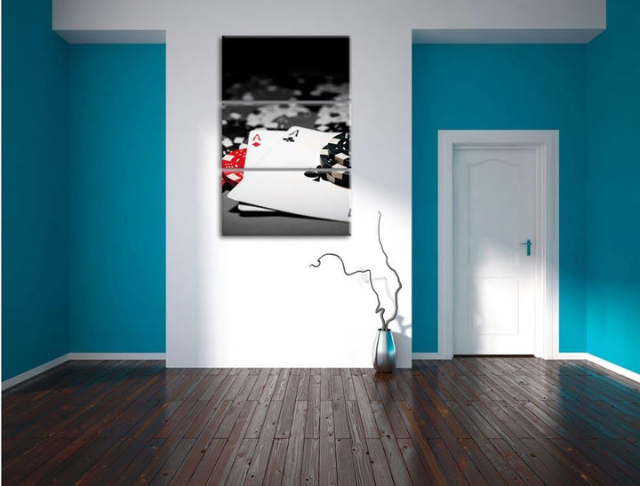Pixxprint Spielkarten auf Pokertisch als Leinwandbild 3 teilig/Grösse: 3 Teilig (120x80) / Wandbild/