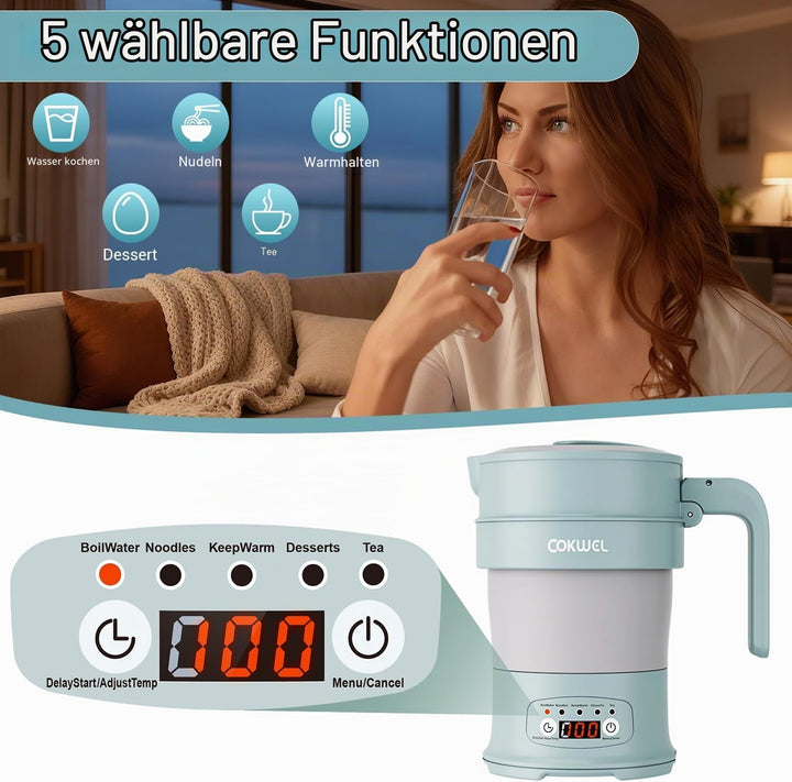 Wasserkocher Faltbar, 0.7L 1000W Klappbarer Tragbarer Mini Elektrischer Wasserkessel, Elektrisch Cam