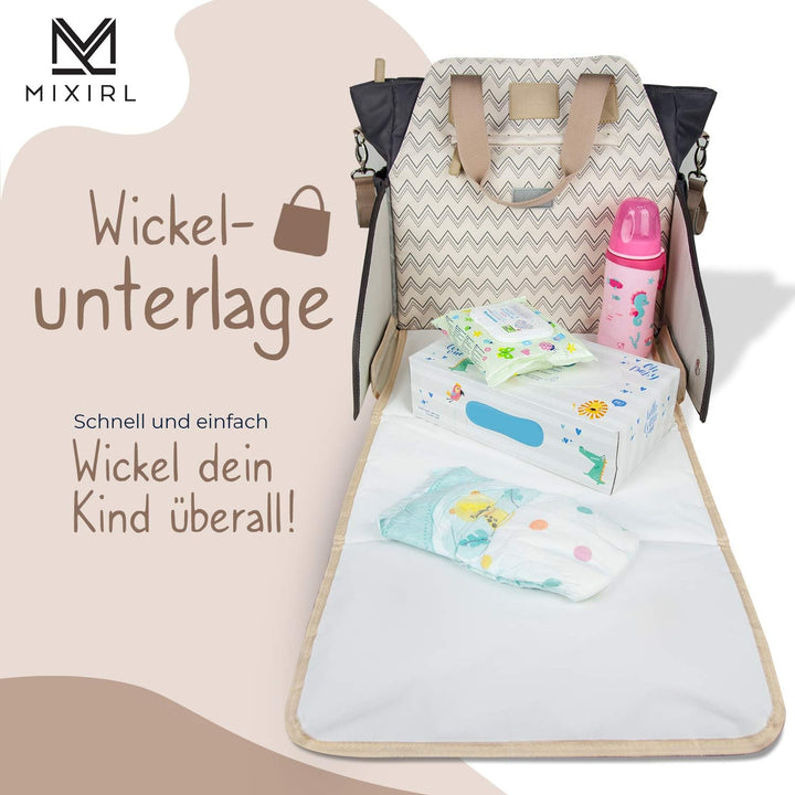 𝐌𝐈𝐗𝐈𝐑𝐋® Baby Wickeltasche mit Wickelunterlage &amp; Kinderwagenbefestigung für unterwegs - wasserabweise