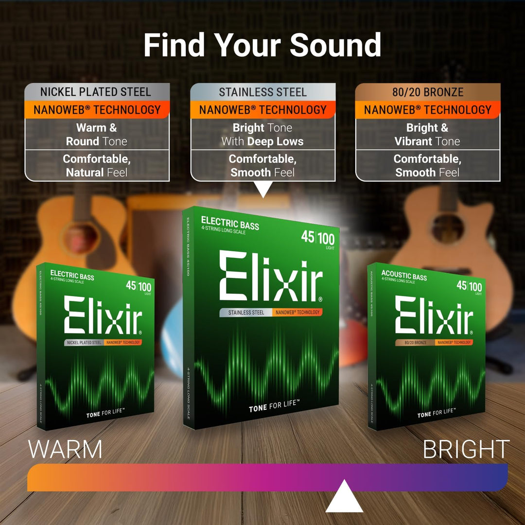 Elixir® Saiten Stainless-Steel 5-str. E-Basssaiten mit NANOWEB® Beschichtung, Long Scale, Light/Medi