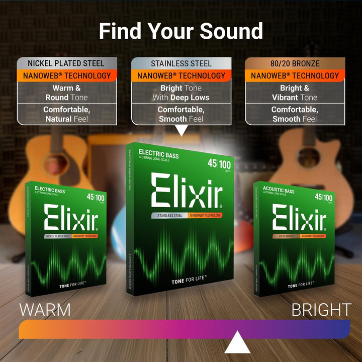 Elixir® Saiten Stainless-Steel 5-str. E-Basssaiten mit NANOWEB® Beschichtung, Long Scale, Light (.04