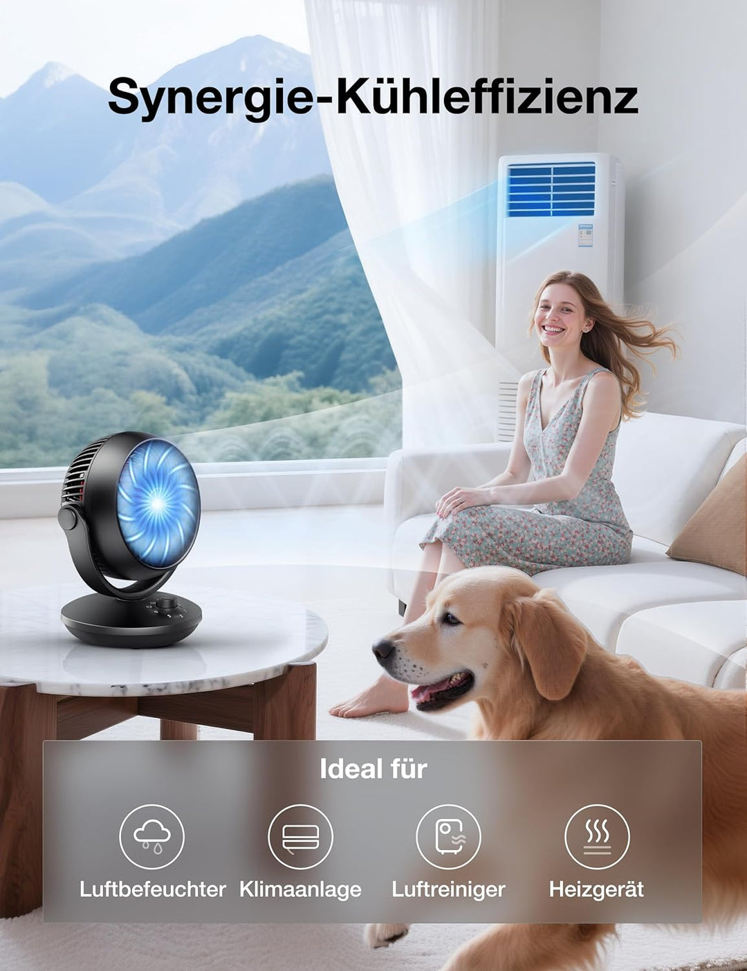 Acoolir Ventilator Leise, 24dB Ultra Powerful Tischventilator, 100° & 70° Oszillation, 3 Geschwindig