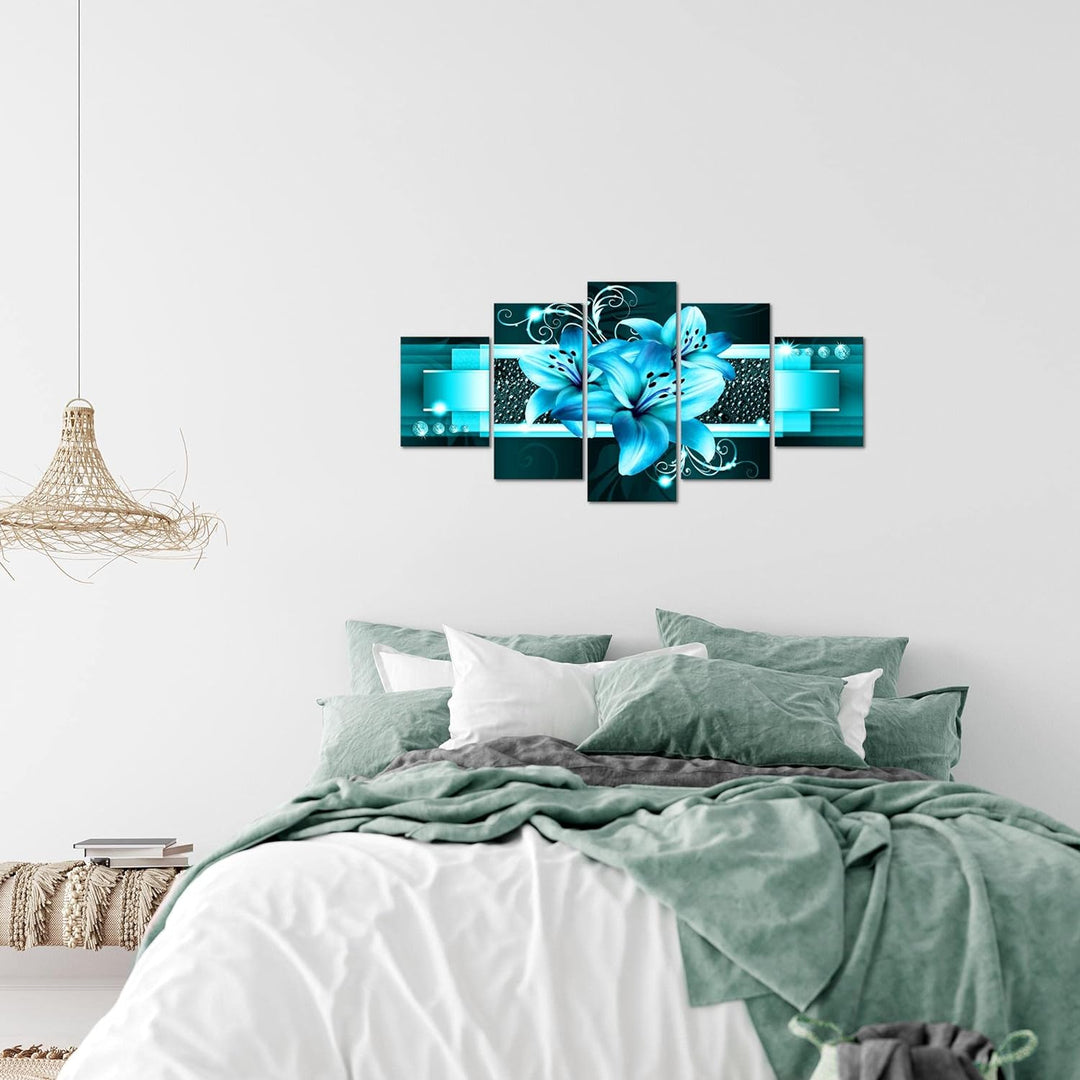 Runa Art Wandbilder Blumen Lilien 5 Teilig Bild auf Vlies Leinwand Deko Wohnzimmer Abstrakt Türkis 0