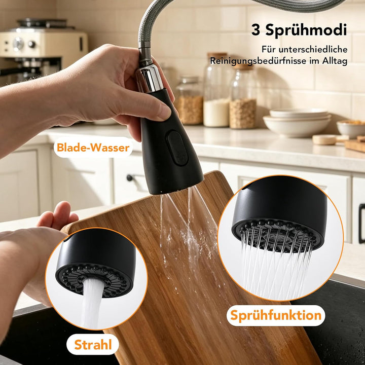 Wasserhahn Küche Ausziehbar, 2 Wasserauslauf Modi, Schwarz