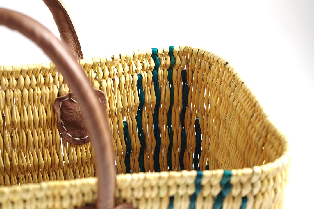 Kobolo Tasche Seegrastasche Korbtasche- Stripes - Lederhenkel - grünes Muster
