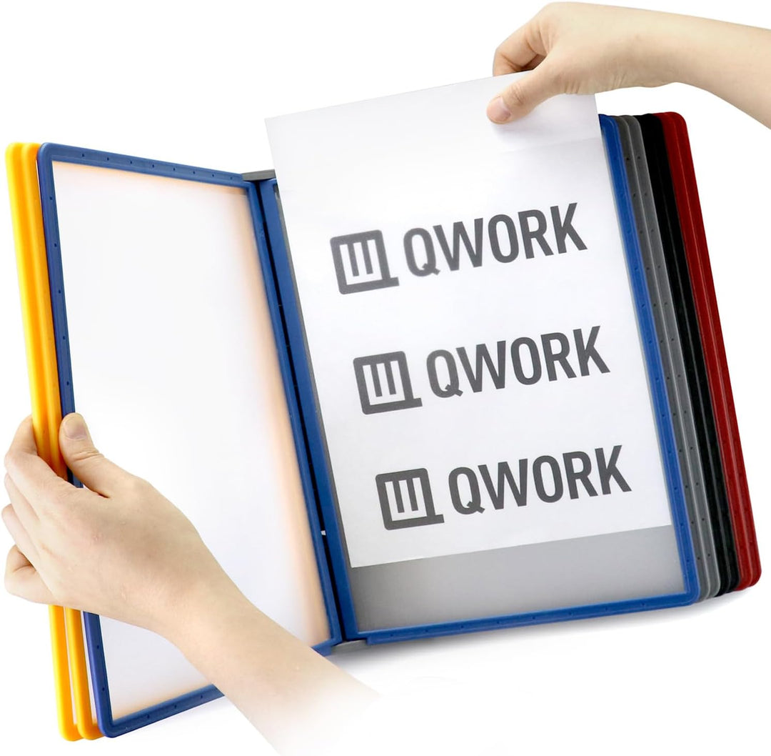 QWORK® Wand Sichttafelsystem - 10X Sichttafeln A4 - Mehrfarbig Dokumentenhalter für Messehallen, Res
