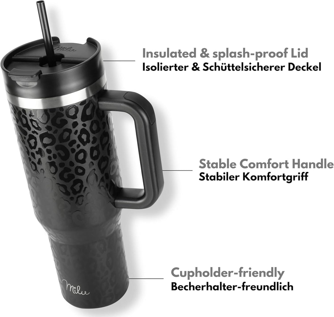Milu Thermobecher 1,2L mit Strohhalm und Henkel 48h Eis/24h kalt/12h heiss Edelstahl Tumbler 40oz mi