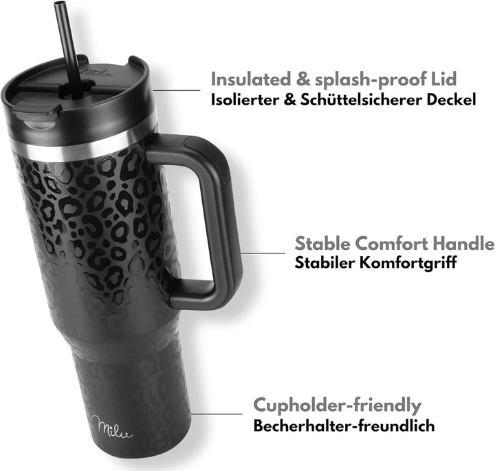 Milu Thermobecher 1,2L mit Strohhalm und Henkel 48h Eis/24h kalt/12h heiss Edelstahl Tumbler 40oz mi