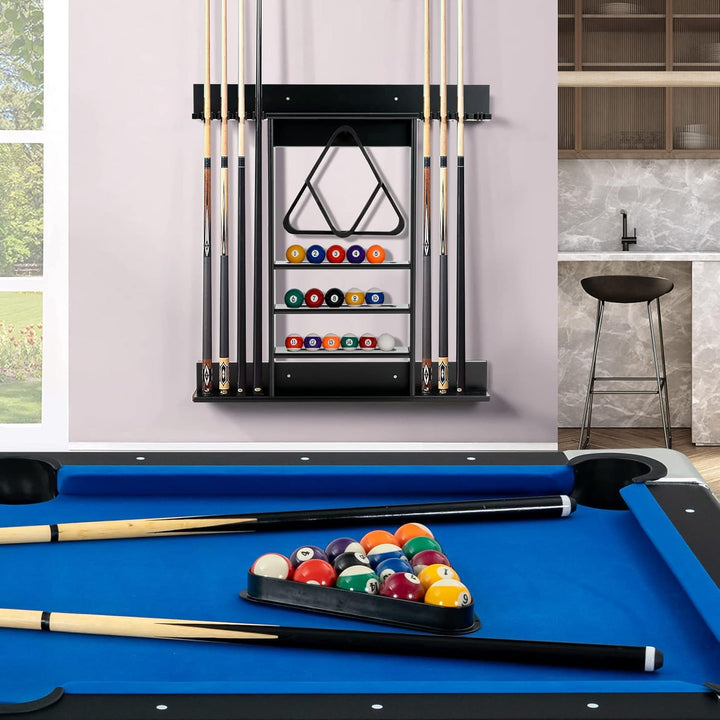 COSTWAY Billard Queue Halter Wandmontage, Wandqueuehalter für 8 Queues, 15 Billardkugeln und 1 Balls