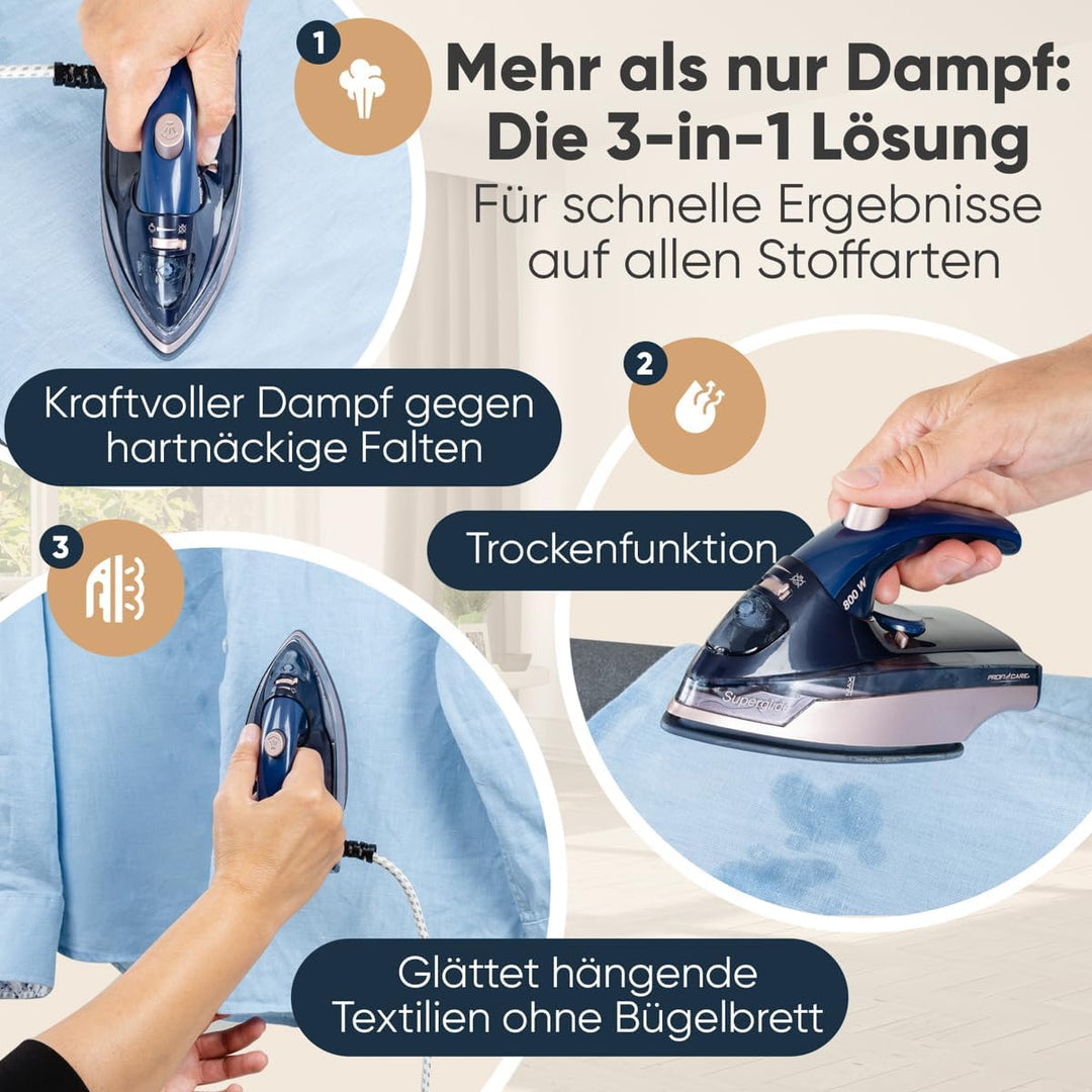 ProfiCare® Reisebügeleisen | Mini Bügeleisen mit klappbarem Griff | 800W | Keramiksohle | 40ml Wasse