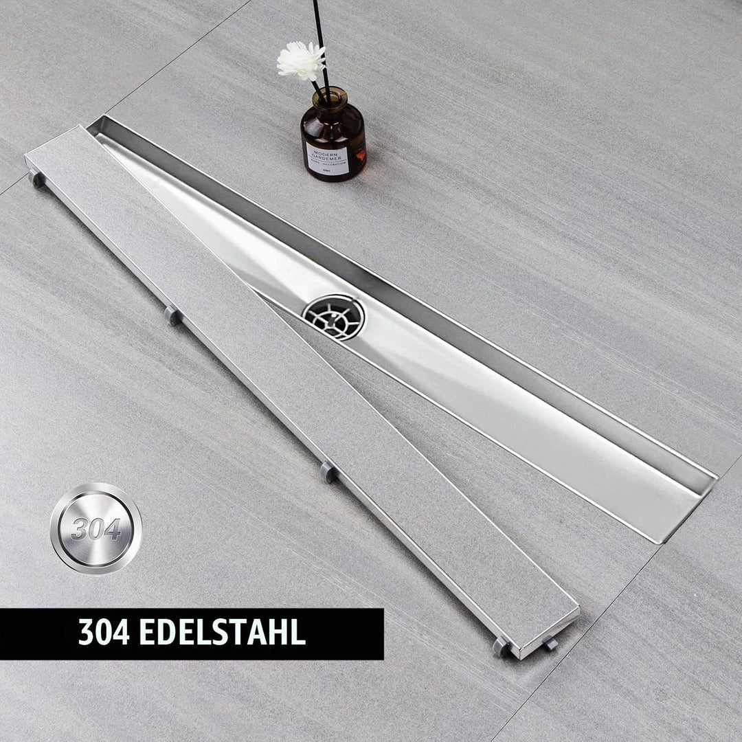 Duschrinne 50 cm, Befliesbar Duschrinne extra flach, Edelstahl Bodenablauf Komplettset mit 360°Sipho
