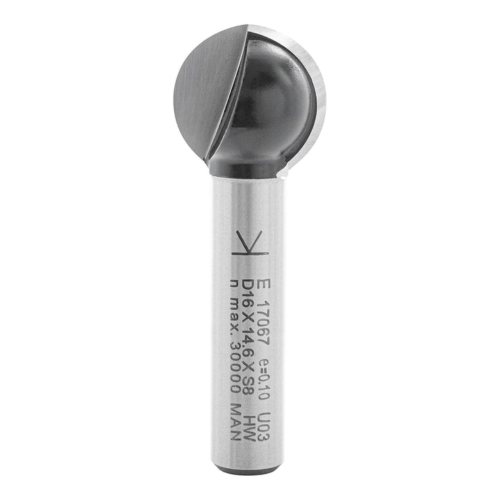 ENT 17067 Kugelfräser HW, Schaft (S) 8 mm, Durchmesser (D) 16 mm, NL 14,61 mm, R 8 mm, T 4 mm, SL 32