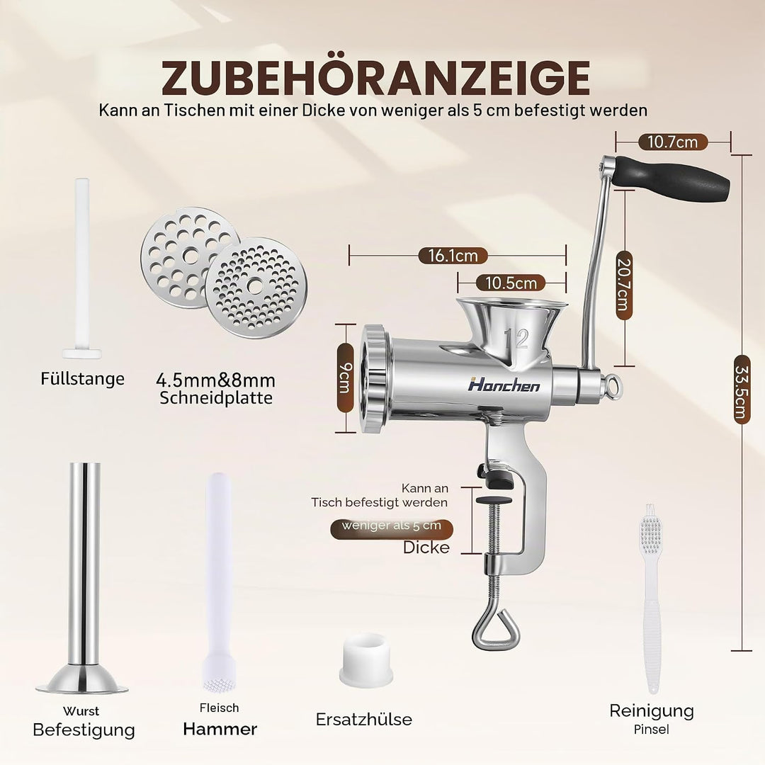 Hanchen Edelstahl Manueller Fleischwolf Haushalt Multifunktionale Einlaufmaschine Fleischmühle Wurst