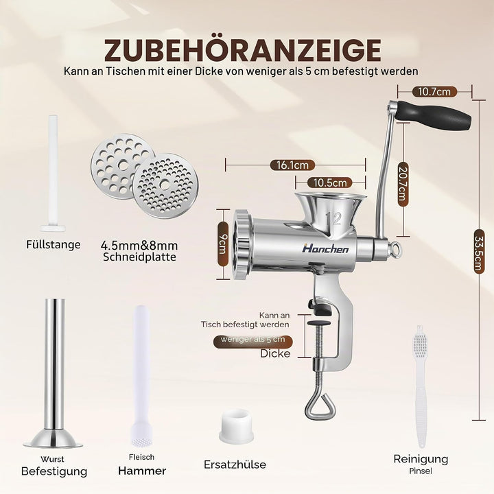 Hanchen Edelstahl Manueller Fleischwolf Haushalt Multifunktionale Einlaufmaschine Fleischmühle Wurst