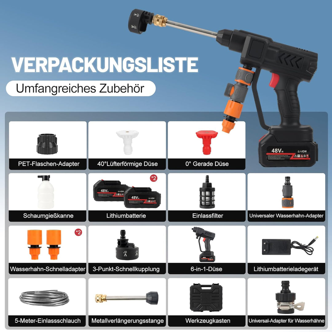 48V Tragbarer Hochdruckreiniger, 140W Leistung mit 6-in-1 Düse, 5m Hochdruckschlauch, Universal-Wass