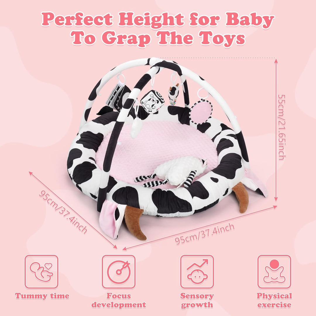 Rosa Kuh Spielbogen Baby, Spieldecke Baby mit 6 Sensorischen Spielzeugen Abnehmbarem, Extra dicke We