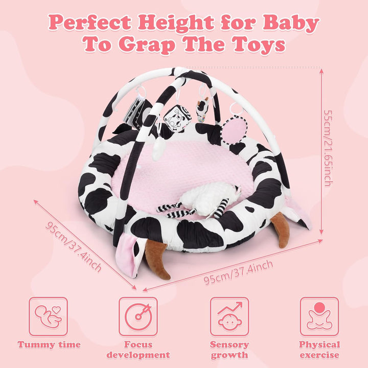 Rosa Kuh Spielbogen Baby, Spieldecke Baby mit 6 Sensorischen Spielzeugen Abnehmbarem, Extra dicke We