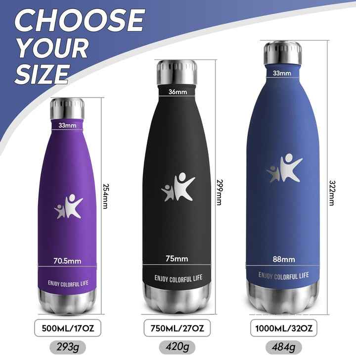 KollyKolla Thermosflasche 500ml/750ml/1L, Trinkflasche Edelstahl 500ml, BPA-frei Isolierflasche, The