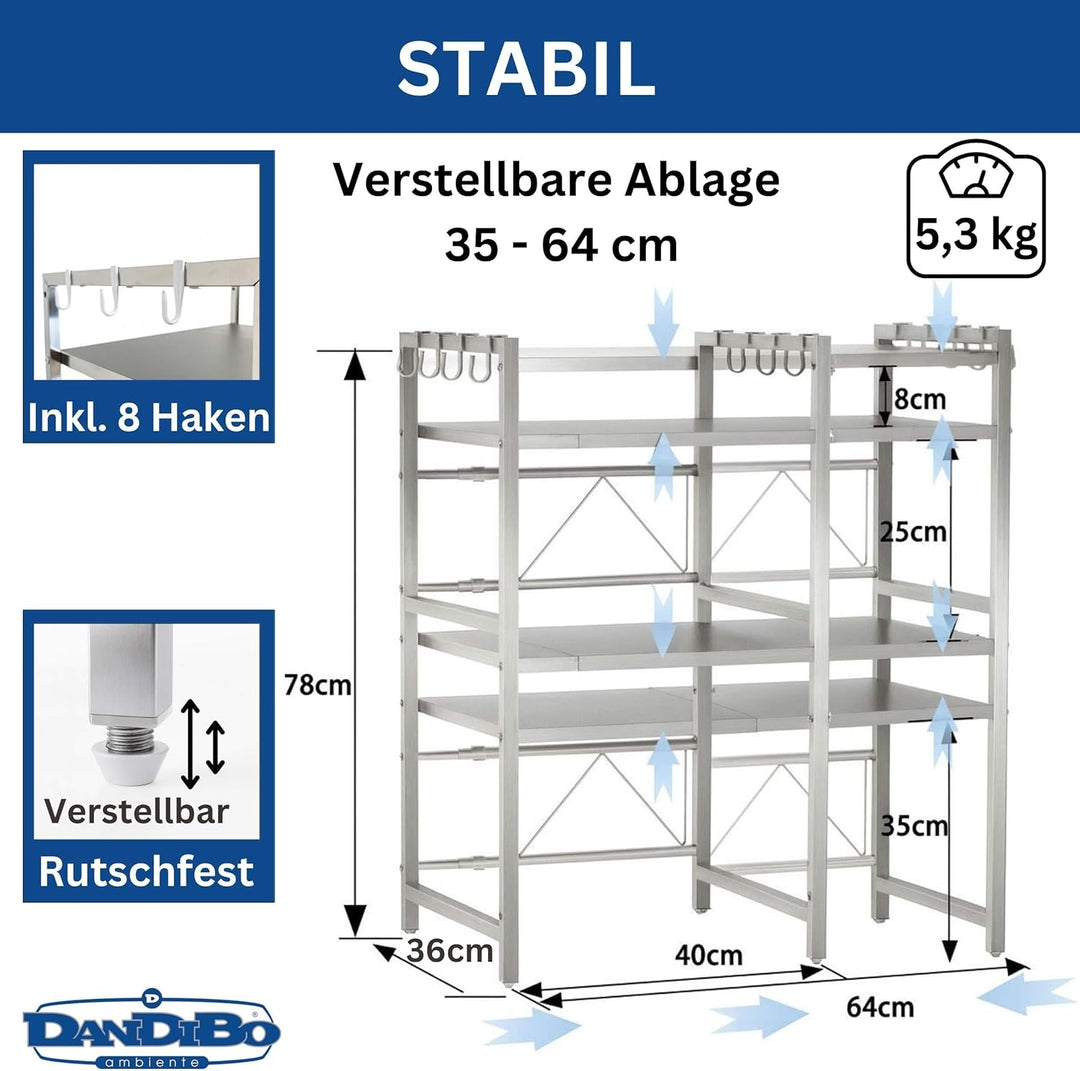 DanDiBo Verstellbares Küchenregal Edelstahl für Arbeitsplatte Stehend 3 Stufig 40-64 cm Regal Küche