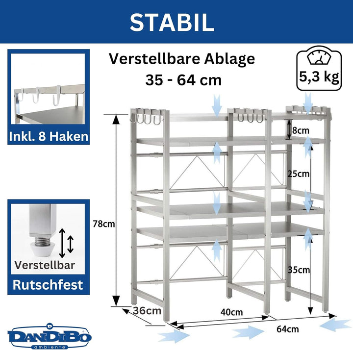 DanDiBo Verstellbares Küchenregal Edelstahl für Arbeitsplatte Stehend 3 Stufig 40-64 cm Regal Küche