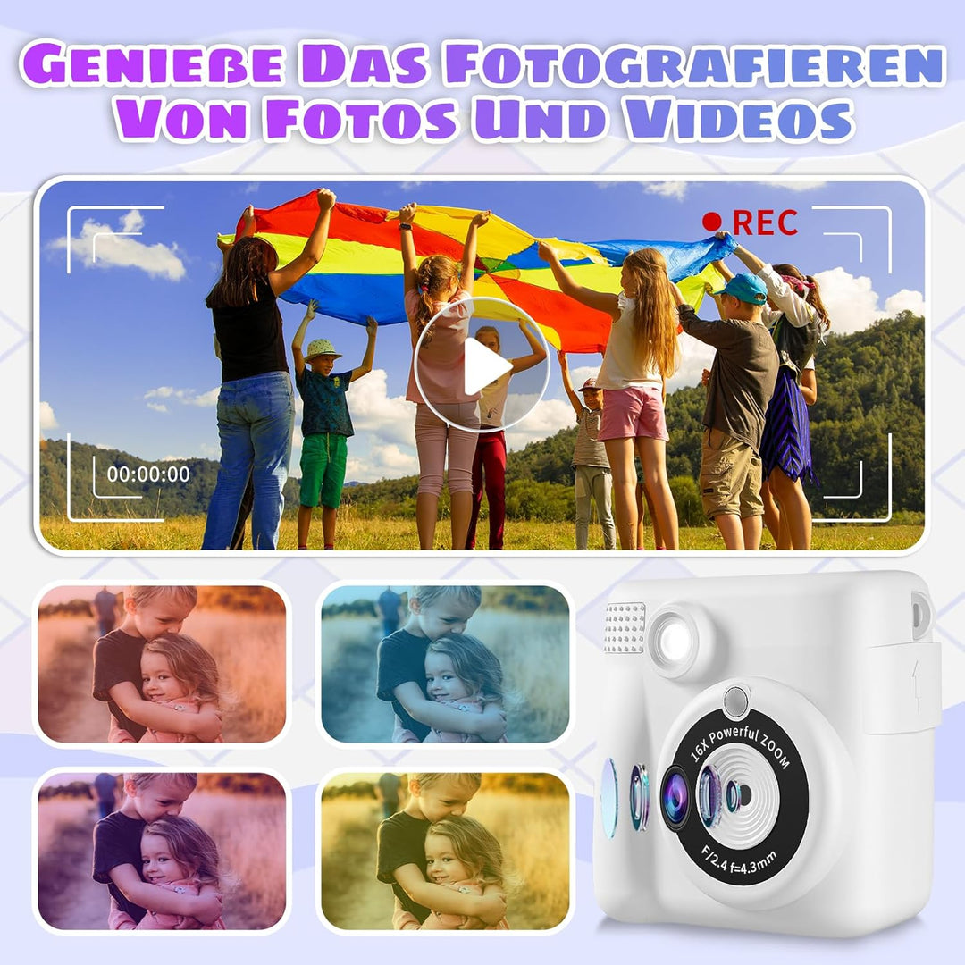 Kinderkamera Sofortbildkamera, 2.4'' Bildschirm 24MP-1080P Sofortbildkamera Kinder mit 16x Digitalzo